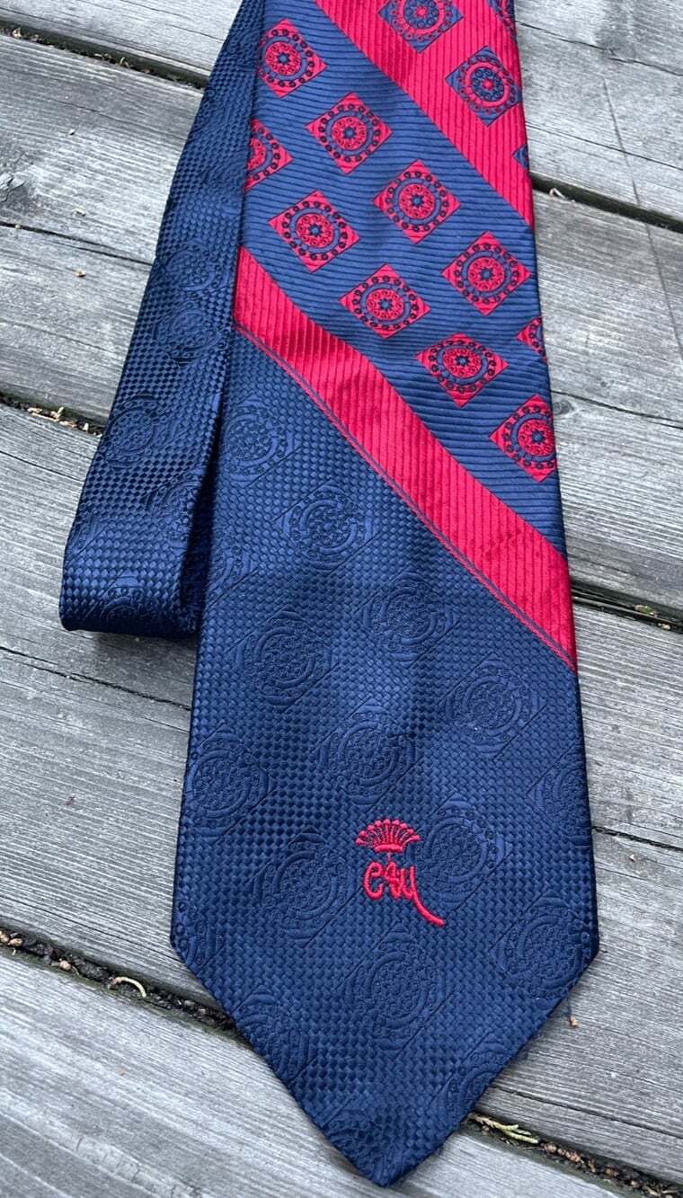 Vintage 1940’s Countess Mara Geometric Big Logo Stripe Red Theme Tie Necktie